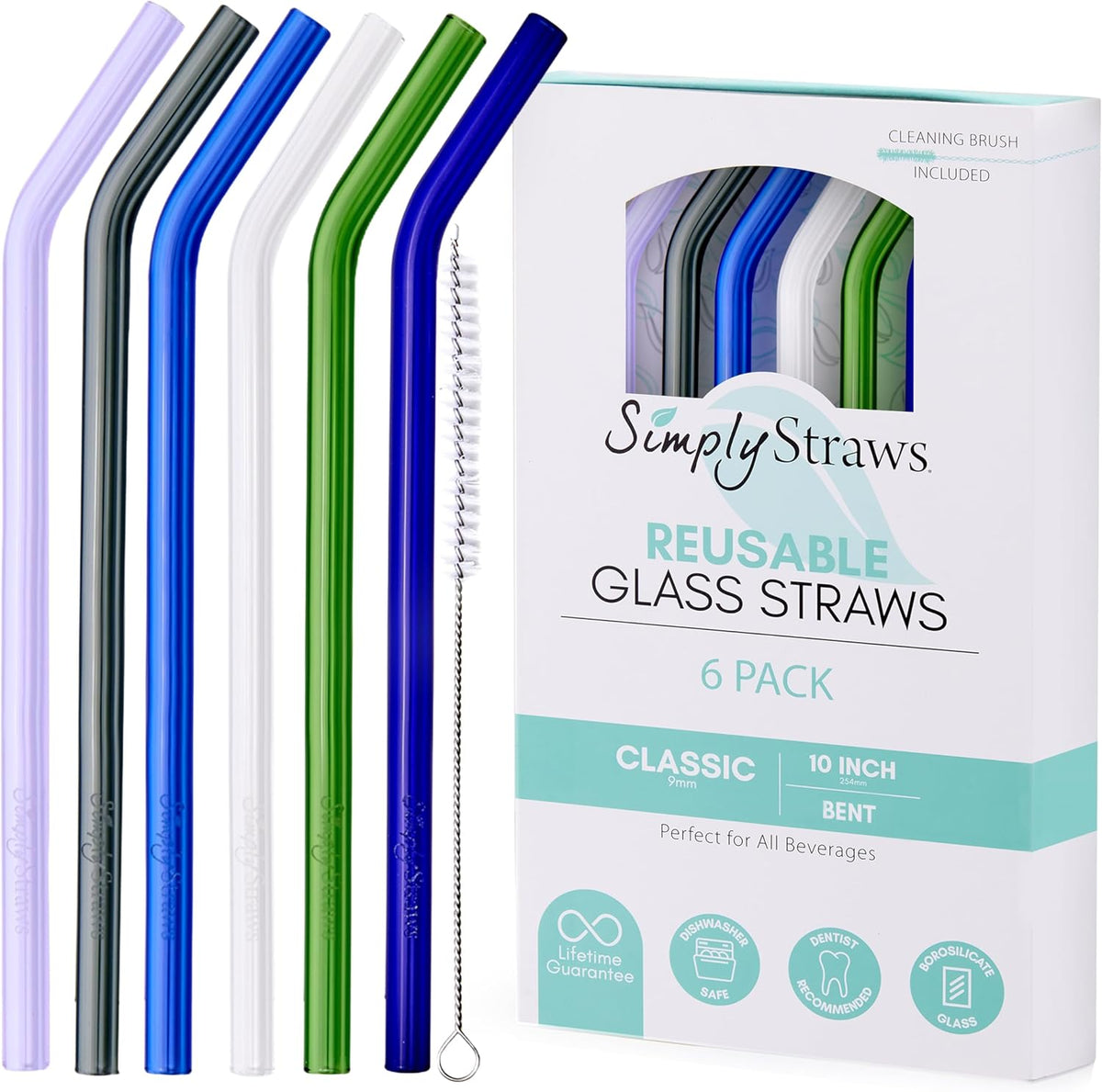 Simply Straws 10 Inch Glass Straws Bent (6-Pack) – Reusable Glass Straws for 24 Oz Mason Jars & Tumblers, with Cleaning Brush – Durable, Dishwasher Safe, Hot & Cold Use, BPA-Free (Seaglass)