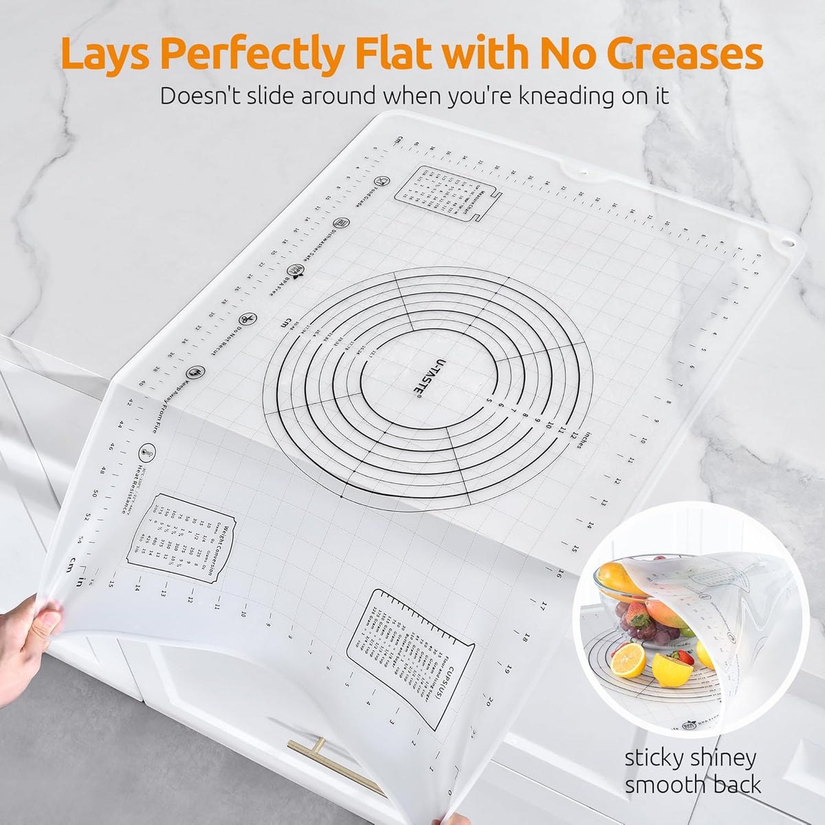 U-Taste 28"x20" Large Pastry Mat: Food-Grade Liquid Silicone Dough Rolling Baking Sheet, Non-Stick Non-Slip for Kneading, Making Pizza, Fondant with Clear Measurement and Raised Edges (Transparent)