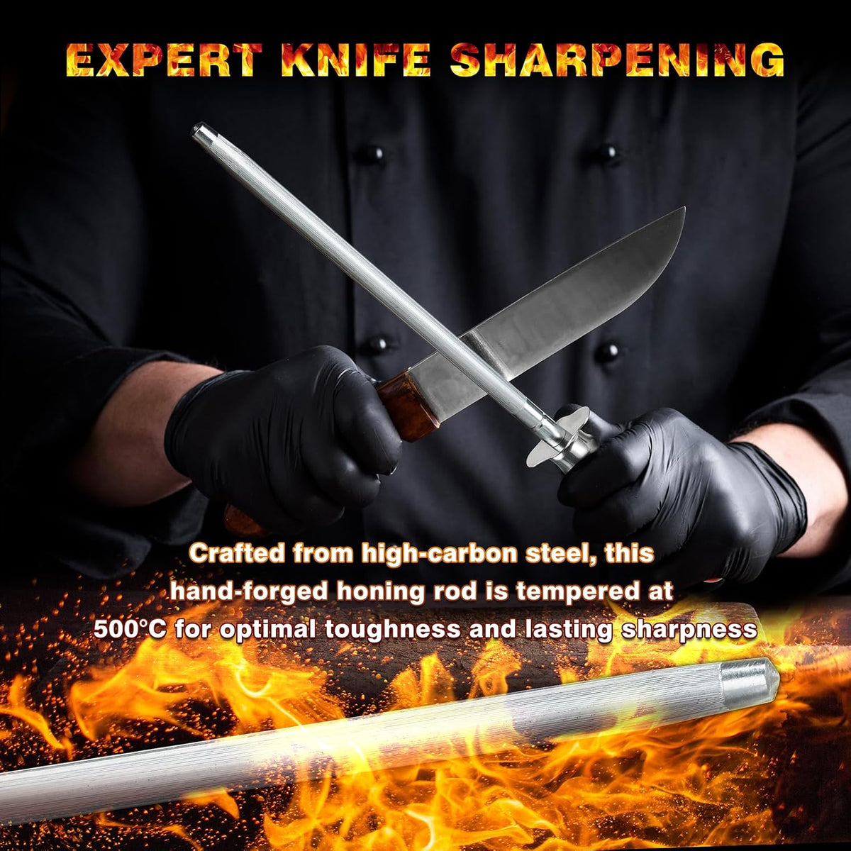 Knife Sharpener Rod, Kitchen Knives Sharpener Carbon Steel Professional Knife Sharpening Steel, Honing Rod with Hanging Holes (13 inches), V
