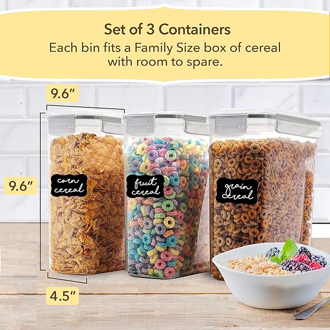 Simply Gourmet Airtight Cereal Containers with Lids – 3 Piece Tall Kitchen Pantry Organization Set, BPA-Free Clear Plastic, Pour Spout Lids for Breakfast Cereal, Rice, Flour, Sugar, Snacks