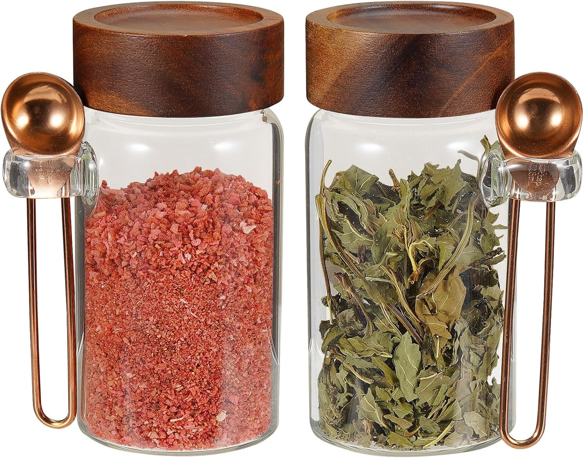 8oz Small Glass Spice Jar with Spoon Coffee Sugar Container Airtight Food Storage Canisters Bottle for Kitchen Seasoning Tea Herb Overnight Oats Bar(2×250ml(8.4oz))