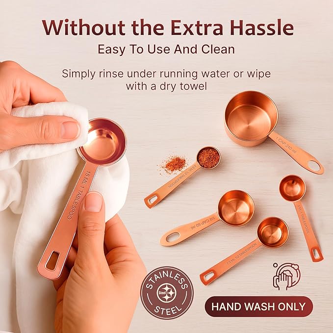 Measuring Cups and Spoons Set of 9, Utensils for Dry and Liquid Ingredients, Copper Kitchen Accessories, Rose Copper Decor for Home, Stackable, Sturdy Stainless Steel