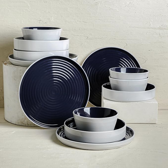 Stone Lain Elica 12-Piece Modern Dinnerware Set Stoneware, Plates and Bowl Sets for 4, Navy and White