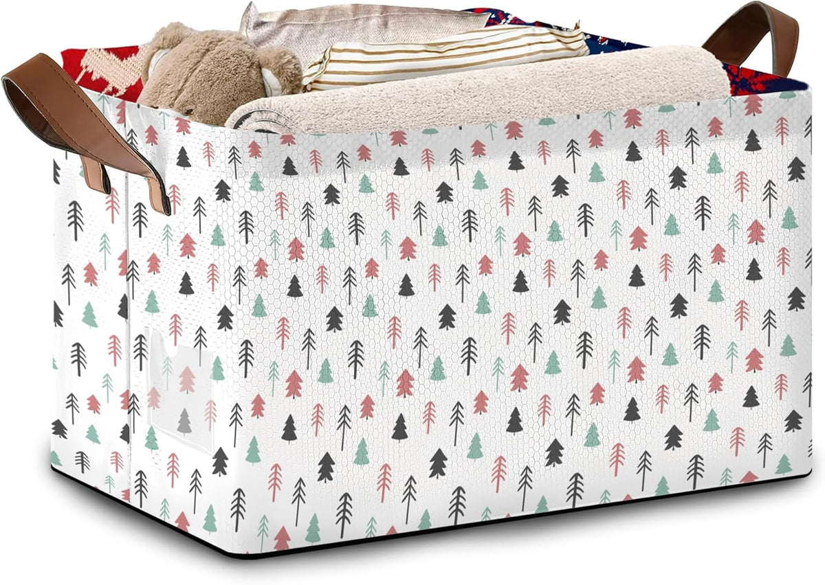 Foldable Collapsible Storage Bin with Pine Tree Design-17x11.5x10.5 Inch Organizer Basket for Home, Closet, Nursery-Single Pack, No Lid Space-Saving Storage Box