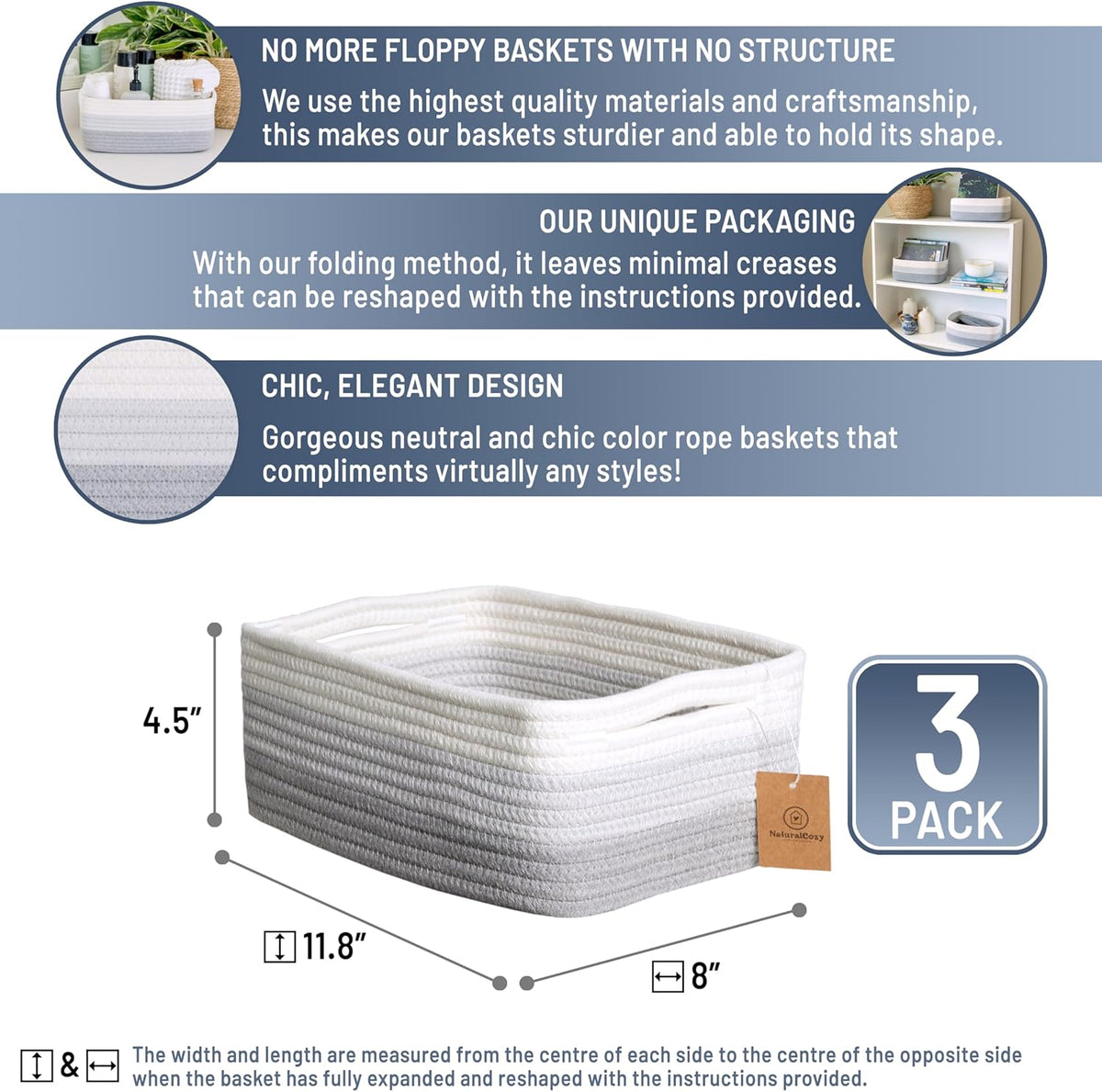 NaturalCozy 11.8"x8"x4.5” Rectangle Storage Baskets for Shelves 3 Pack | Cotton Rope Woven Small Baskets for Organizing | Small Storage Bins for Nursery, Bathroom, Closet, Shelf, Decorative, Gift