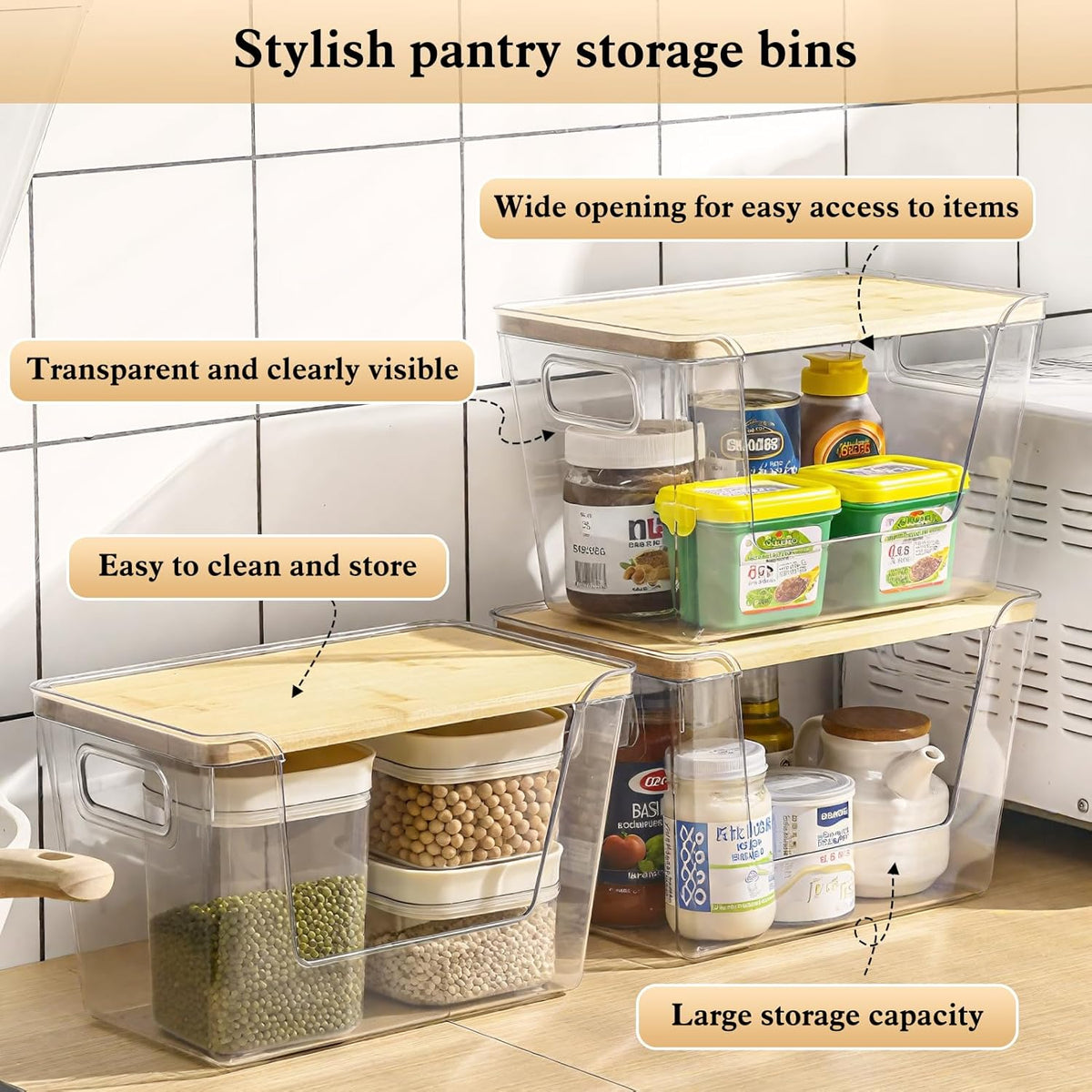 4 Set Stackable Storage with Removable Bamboo Cover, Plastic Container for Kitchen Organizers, Clear Front Open More Easy Access Bins Storage for Pantry, Potato, Onion, Garlic, Fruits, Vegetable