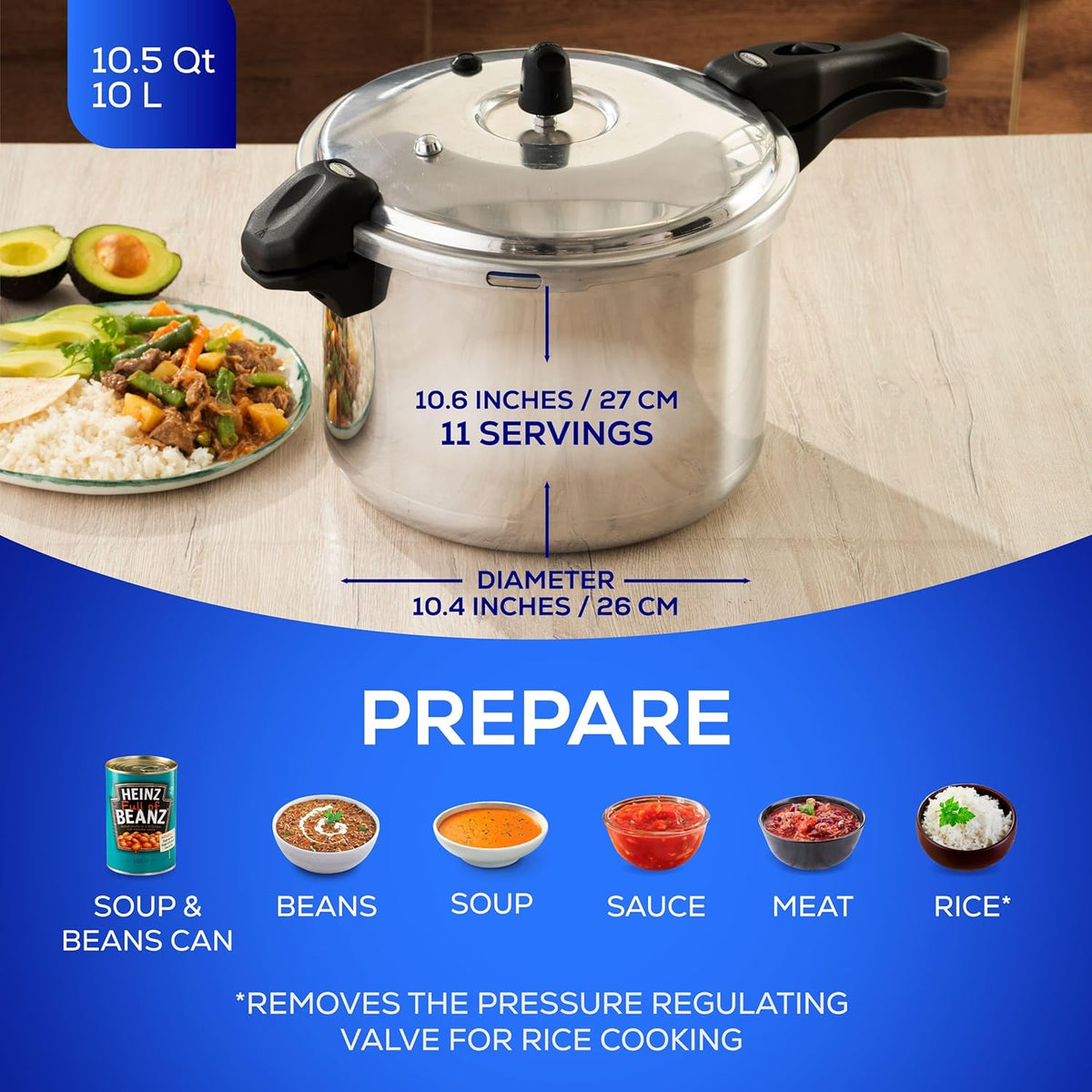 Universal (10.5 Quart / 10 Liter) Anti-Rust Ultra Pressure Cooker, Aluminum Construction for 11 Servings, and Even Heat Distribution, Diameter 10.4 inches, Height 10.6 inches