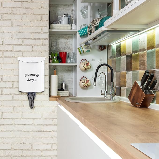 AuldHome Design Rustic Grocery Bag Holder; Wall-Mounted Vintage Enamelware Farmhouse Style Plastic Bag Dispenser for Kitchen or Laundry Room