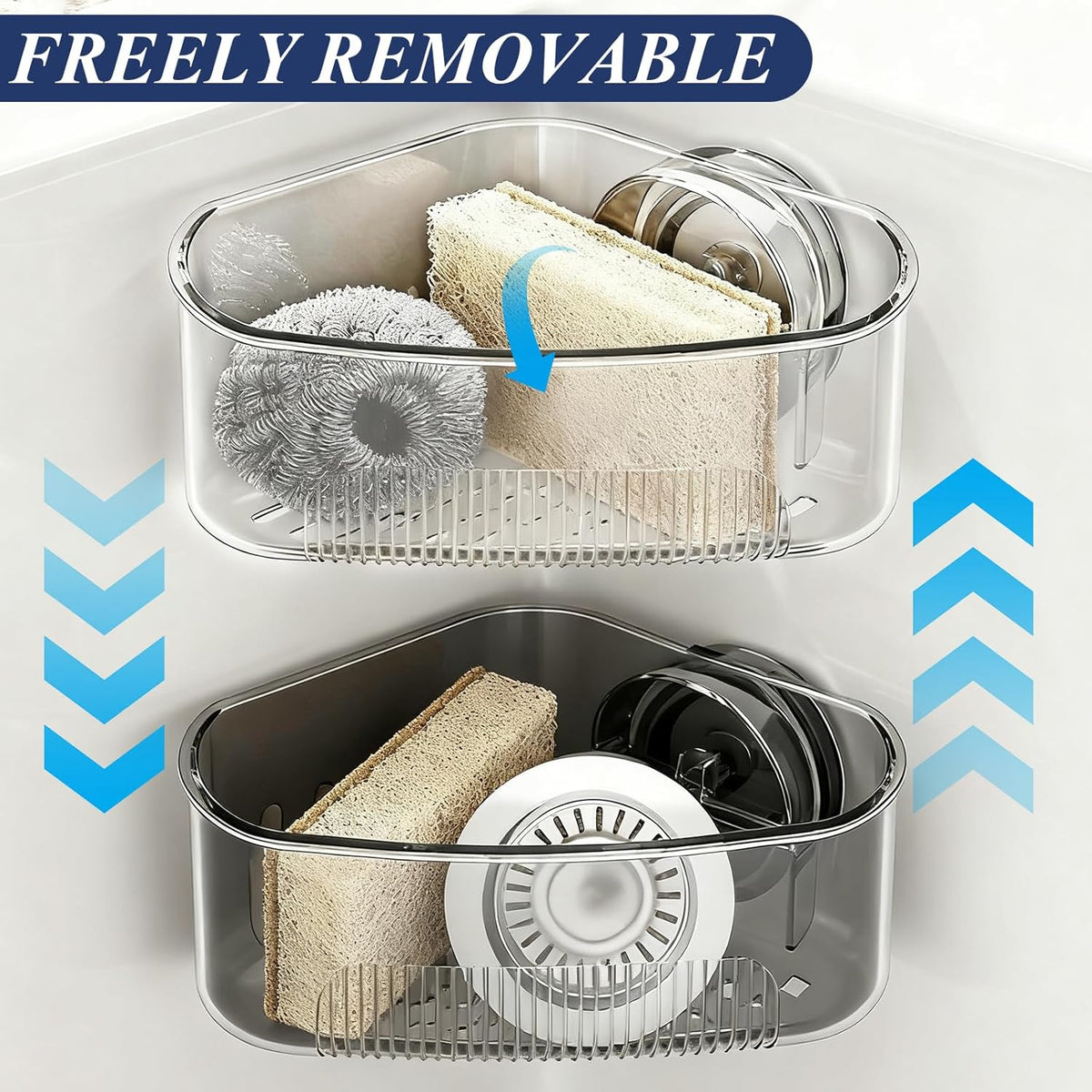 Sink Strainer Basket, Triangle Suction Cup Sink Corner Rack, New Upgraded Corner Sink Strainer with Drainage Hole, Punch-free Corner Sink Trash Catcher for Kitchen and Bathroom (Transparent)