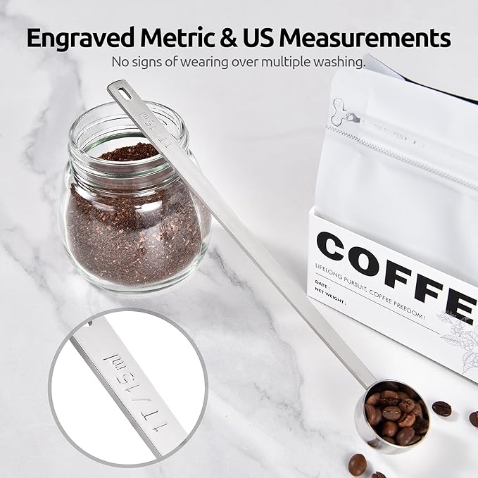 U-Taste Coffee Scoop 1 Tablespoon: 18/8 Stainless Steel Measuring Scooper for Ground Coffee, Bean, Powder, Espresso, 8.5in Extra Long Handle Metal Meaure Spoon for Canister, Jar (1Tbsp/15ml, Silver)
