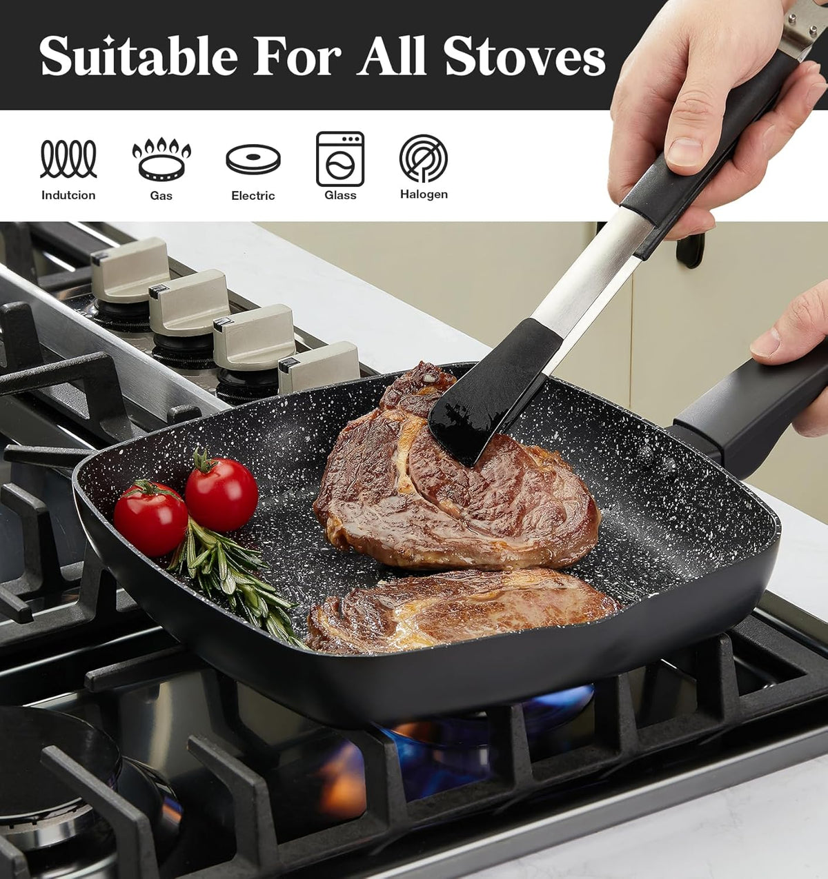 KOCH SYSTEME CS 9.5 Inch Nonstick Grill Pan for Stove Tops, Marble Coating Square Grill Skillet with Lid, Fry Pan Compatible with all Stoves, Ultimate Nonstick Skillet with Bakelite Handle, Toxic-Free