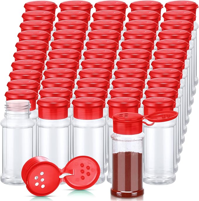 Amyhill 100 Pcs Plastic Spice Bottles Spice Jars Seasoning Jars Shaker Plastic Jars 3.3 Oz/ 100ml Seasoning Shaker with Shaker Lids(Red Lid)