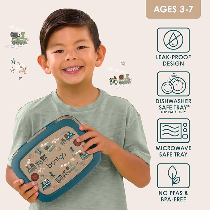 Bentgo Kids Prints Leak-Proof, 5-Compartment Bento-Style Kids Lunch Box - Ideal Portion Sizes for Ages 3-7, Durable, Drop-Proof, Dishwasher Safe, & PFAS & BPA-Free Materials (Trains)