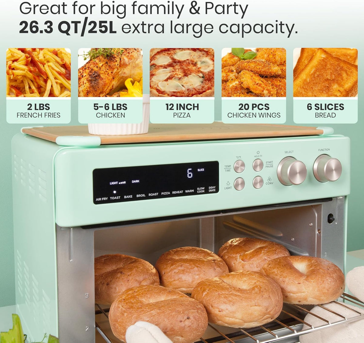 Retro Style Infrared Heating Air Fryer Toaster Oven, Extra Large Countertop Convection Oven 10-in-1 Combo, 6-Slice Toast, Enamel Baking Pan Easy Clean with Recipe Book, Green Color
