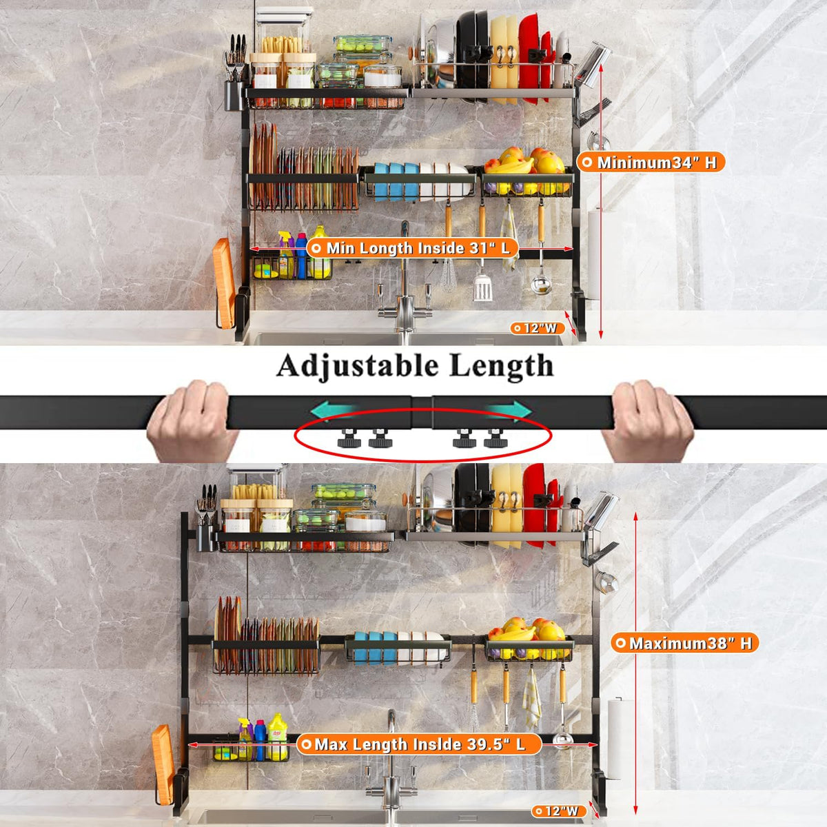 ADBIU Over Sink Dish Drying Rack (Expandable Height/Length) Snap-On Design Large Dish Drainer Storage Counter Organizer 32-40L x 12W x 34-38H (inches)