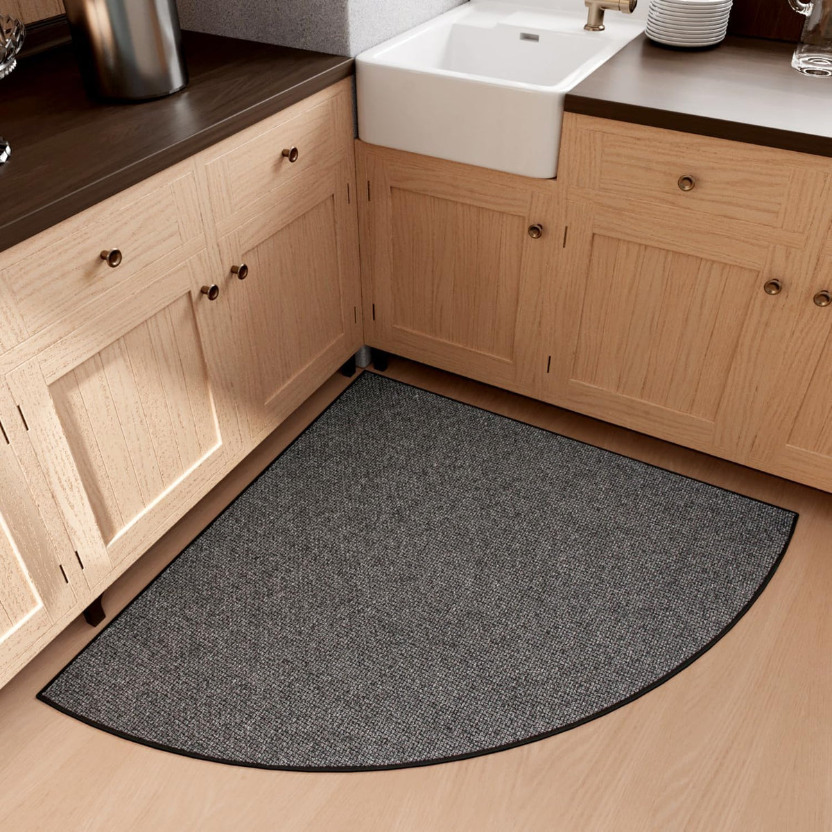 Fan Shaped Kitchen Mat 1 PCS, Cushioned Non Slip Rugs for Kitchen Floor, Absorbent Runner Comfort Standing Mats Washable for Kitchen, Office, Home (Black, Radius 47")