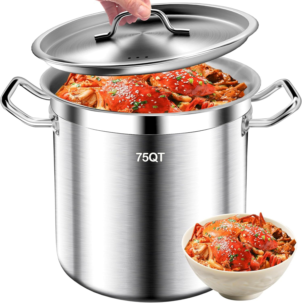 Stainless Steel Cookware Stockpot, 75 Quart Heavy Duty Induction Soup Pot With Stainless Steel Lid Commercial Grade Stock Pot for Soup, Stew, Canning, Even Heat Distribution