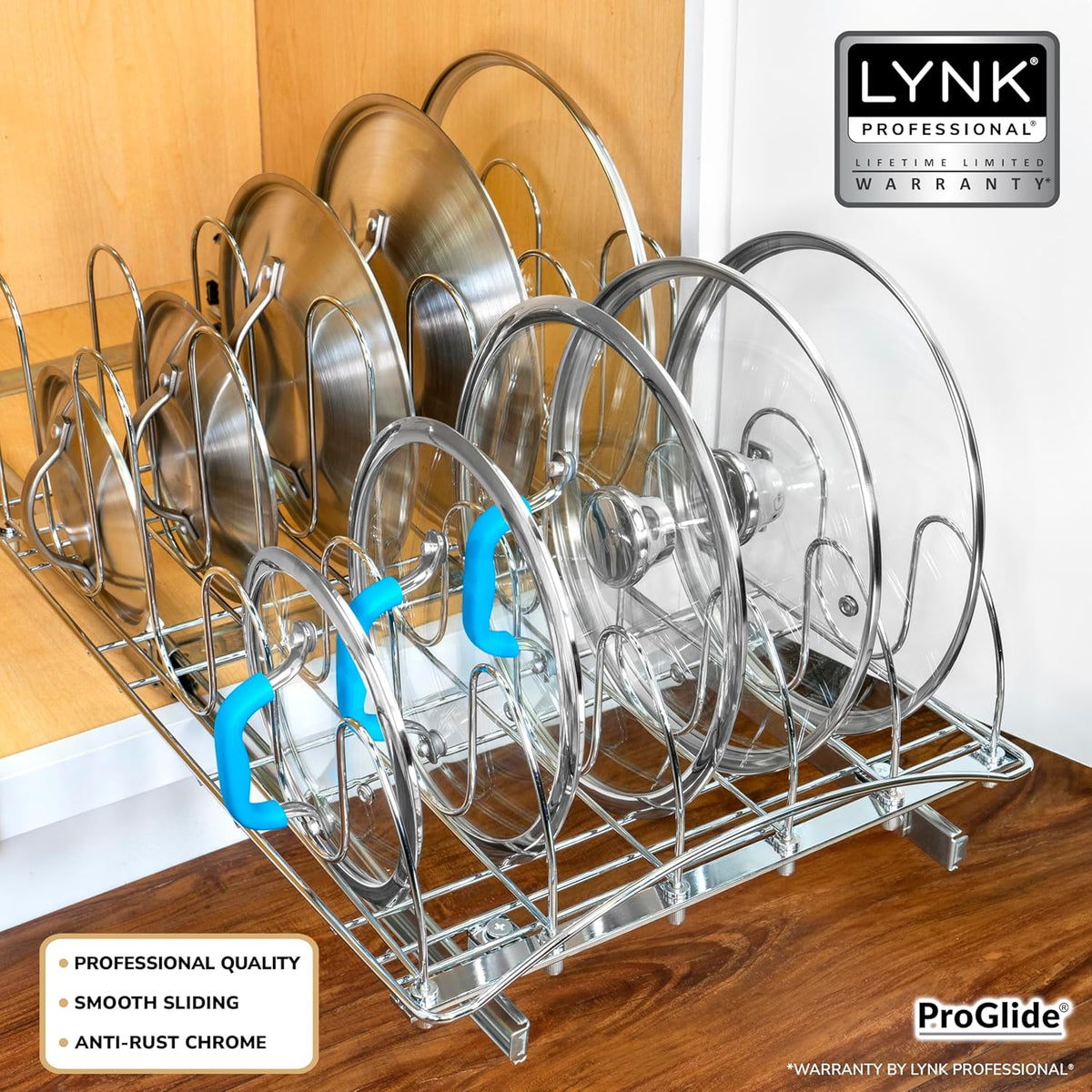 LYNK PROFESSIONAL® Pull Out Pot Lid and Cookie Sheet Organizer Rack for Cabinet - Lifetime Ltd. Warranty - Sliding Kitchen Organizers – Pans, Lids, and Tray Storage - 14W x 21D, Extra-Large, Chrome