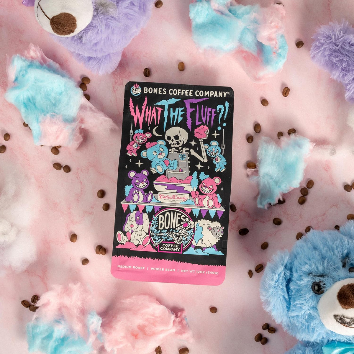 Bones Coffee Company What the Fluff?! Berry Cotton Candy Flavored Coffee, Medium Roast Low Acid Arabica Beans Compatible with Auto drip and French Press Coffee Maker, 12 Oz Ground