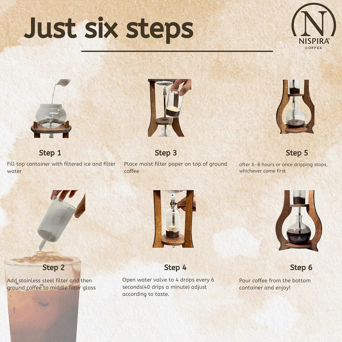 Nispira Iced Coffee Cold Brew Drip Tower Coffee Maker Wooden, 6-8 cup