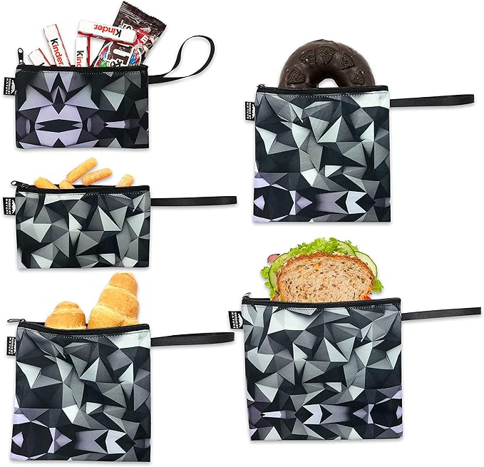 Nordic By Nature Reusable Sandwich Bag Snack Bags - Value Pack of 5 Dual Layer Lunch Baggies - Dishwasher Safe - Eco Friendly Cloth Wraps - Easy Open Zipper (Black Mosaic)
