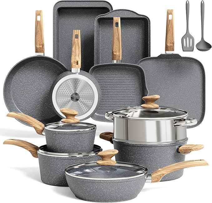 MAISON ARTS 17 Piece Pots and Pans Set Non Stick, Kitchen Cookware Sets with Nonstick Granite Stone Coating, Suitable for Induction Cooktops, Grey