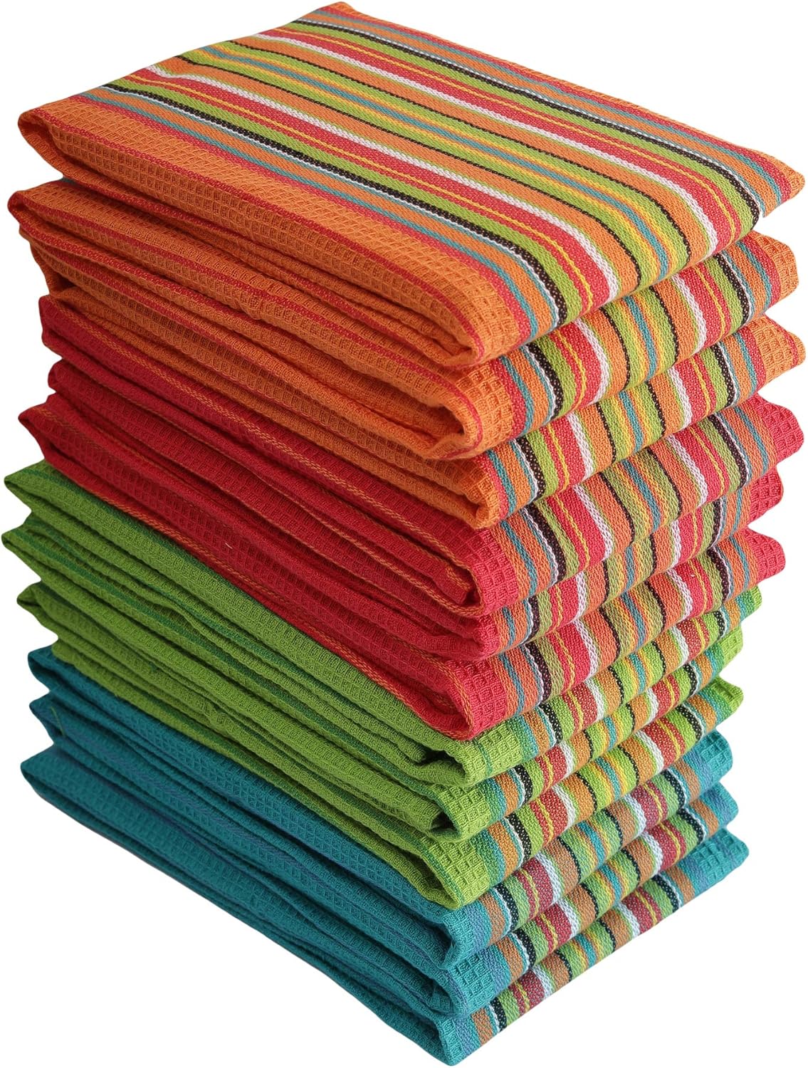 DG Collections Salsa Stripe Kitchen Dish Towels, 100% Cotton, Highly Absorbent, Multi Purpose Waffle Tea Towels for Cooking, Drying & Cleaning, 16x28 Inches, Pack of 12