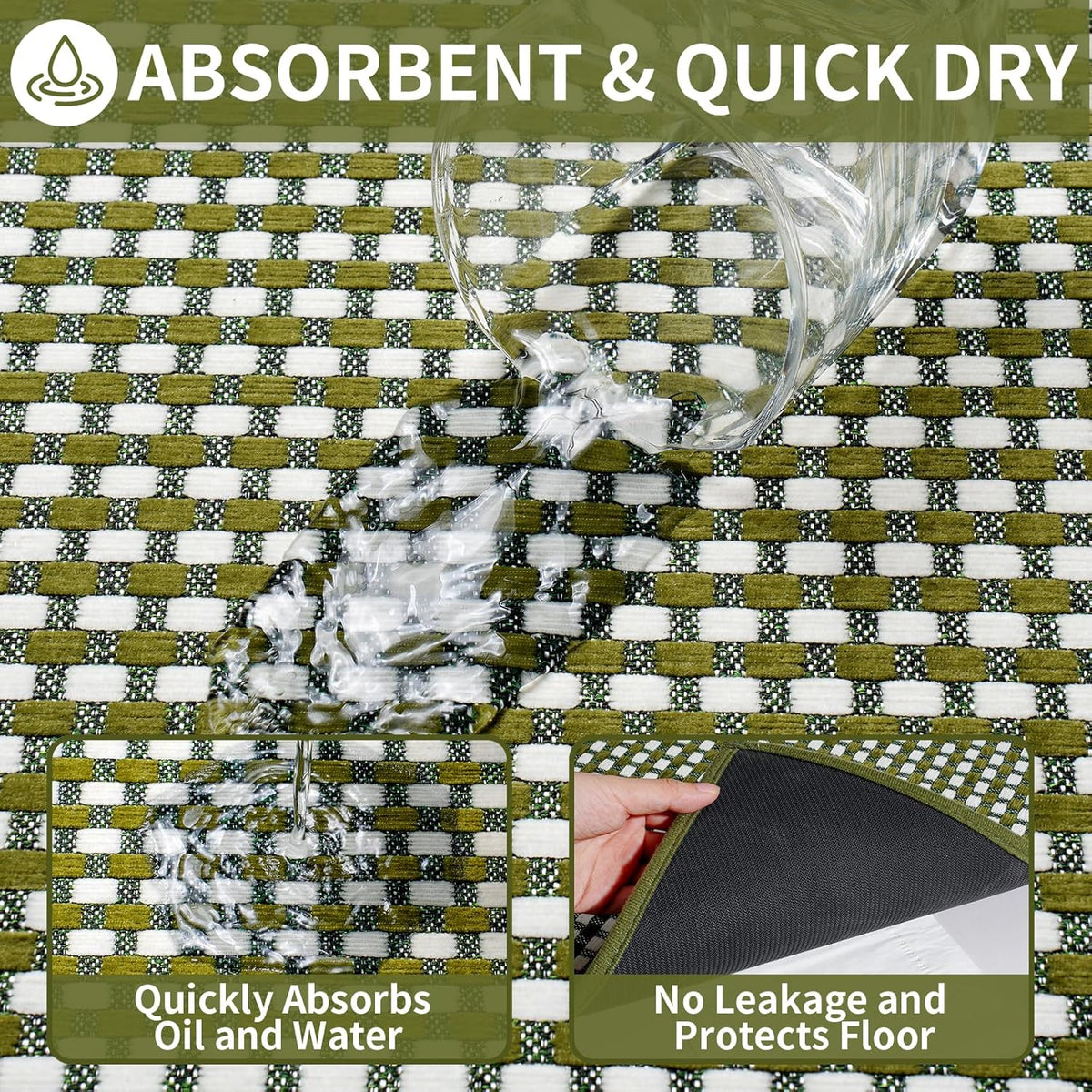 Kitchen Rugs Non Slip Washable, Rubber Backing Soft Chenille Braided Kitchen Mats for Floor, Super Absorbent Kitchen Runner Rug Standing Mat Sink Mat, Easy to Clean, Green 17"x47"