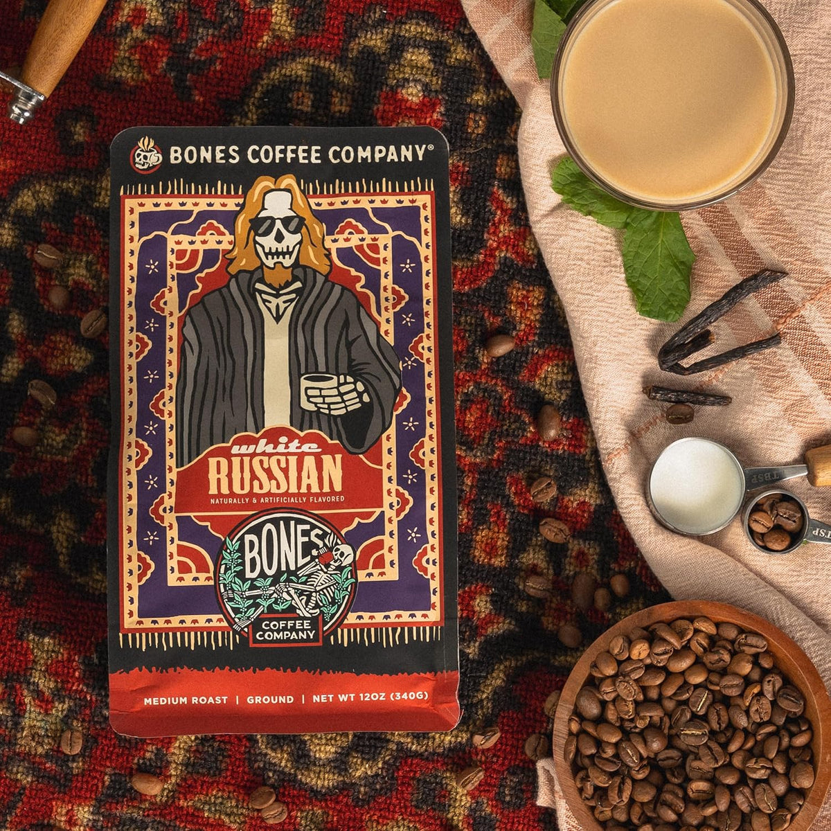 Bones Coffee Company White Russian, Cream and Cocktail Flavored Coffee, Medium Roast Low Acid Arabica Beans Compatible with Auto drip and French Press Coffee Maker, 12 Oz Whole Bean