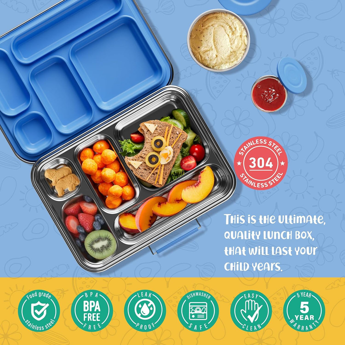 Stainless Steel Bento Box Kids, Kids Metal Bento Lunch Box BPA Free Lunch Box Containers 304 Stainless Steel Bento Box for School and Office(Bule)