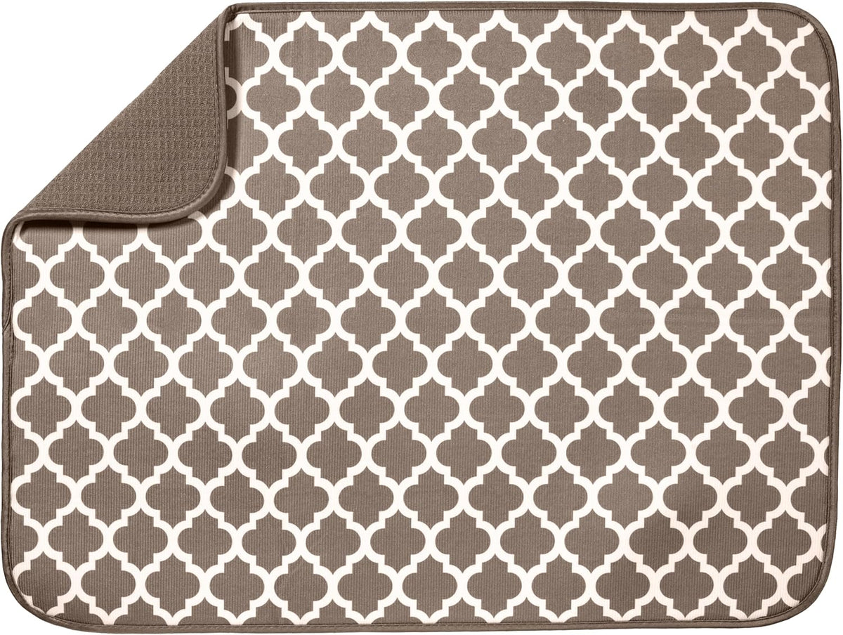 S&T INC. Dish Drying Mat XL, 18” x 24”, Absorbent Microfiber Kitchen Counter Mat, Dish Drying Pad for Dishes, Utensils, Pots and Pans, Extra Large, Taupe Trellis