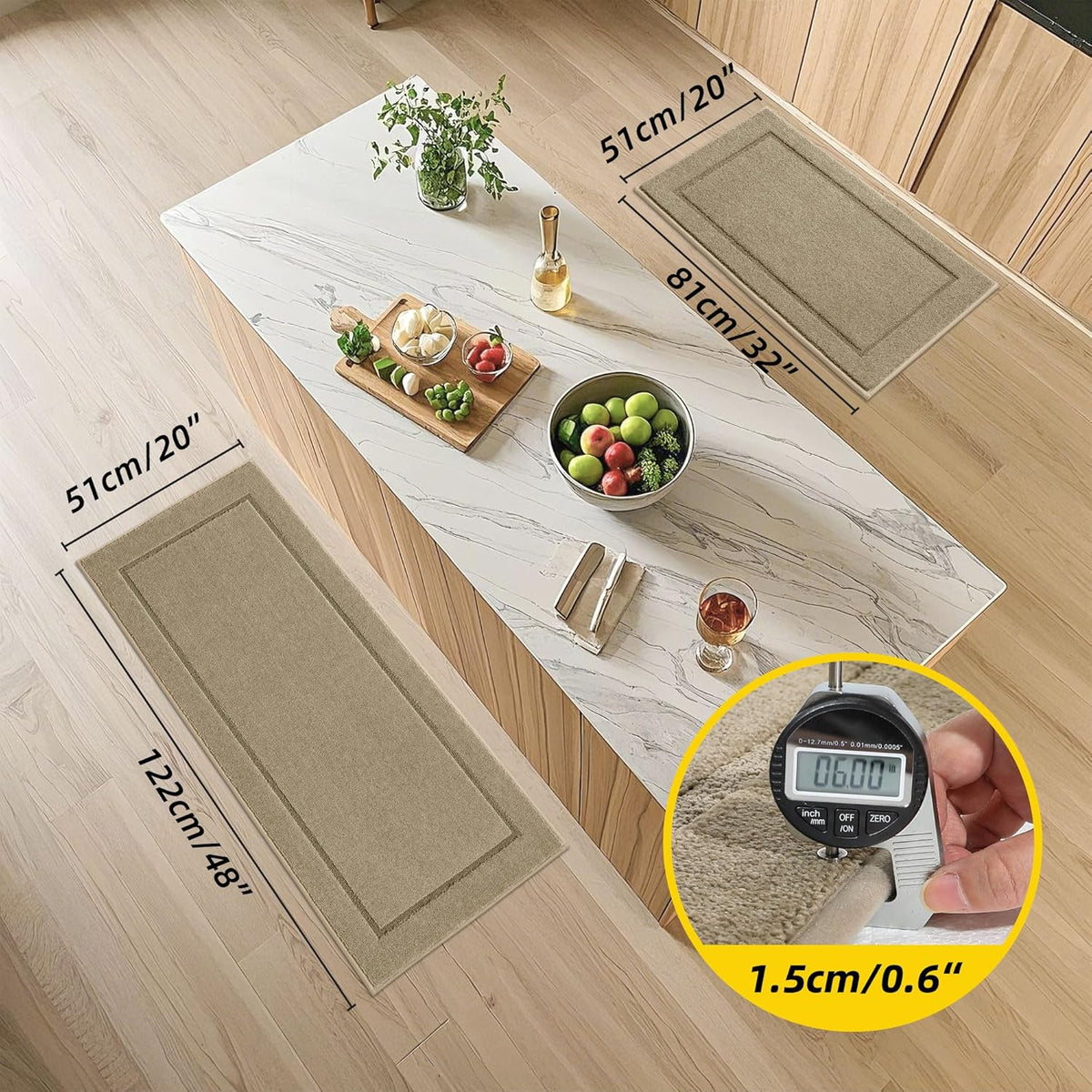 JSEI Non-Slip Kitchen Mats, Self Adhesive No Sliding Kitchen Rugs Set of 2, Washable Absorbent Floor Mat for Kitchen, Bathroom, Laundry Room, Bedroom, 20”x32”+20”x48”, Beige, Rectangular Pattern