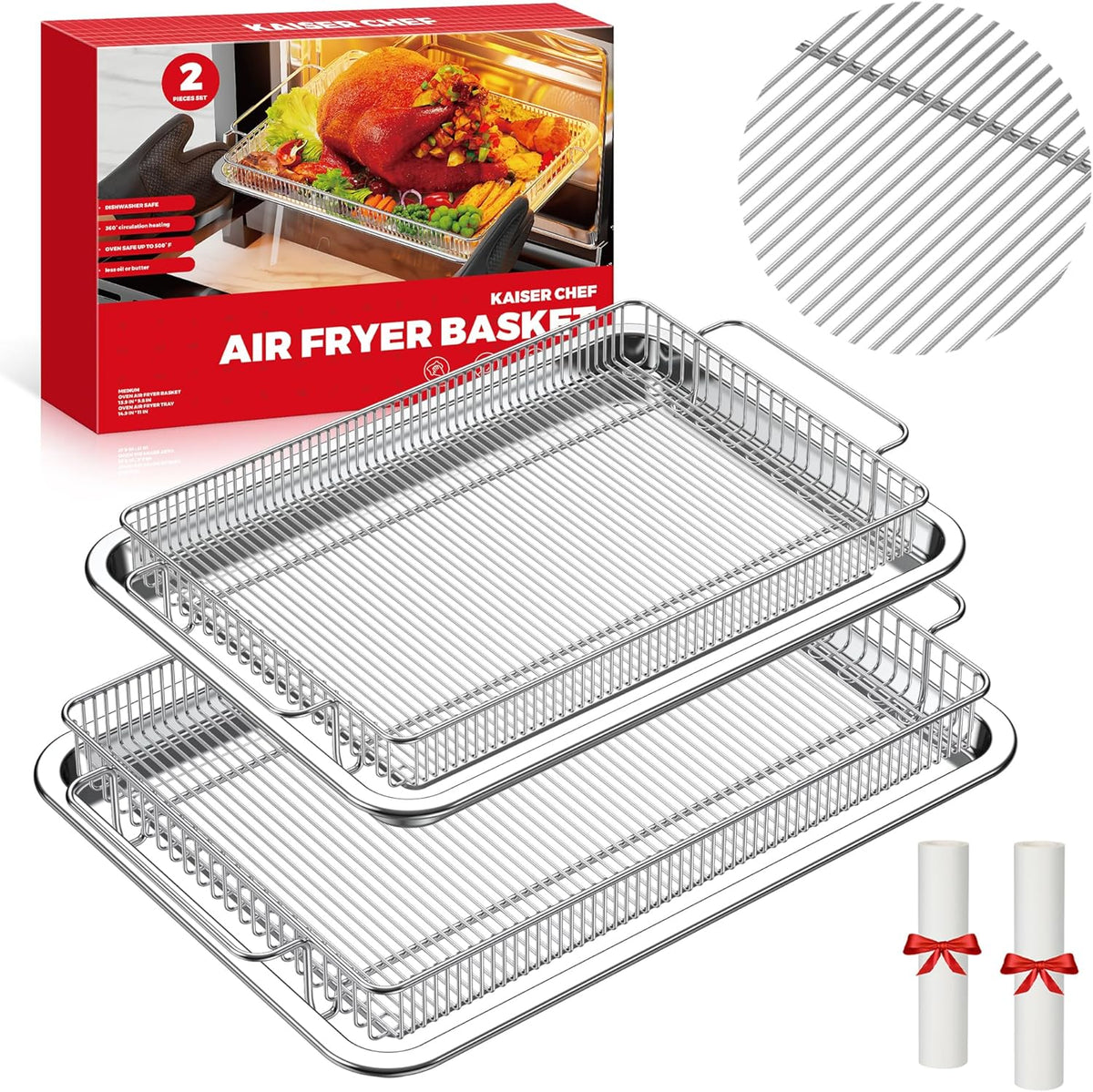 Air Fryer Basket for Oven,Ease Of Cleaning,Air Fryer Basket and Stainless Steel Baking Tray Pant Oven with 50 Sheets Parchment Papers,Air Fryer Pan Rack for Cooking Baking Dishwasher (2 Set M+L)
