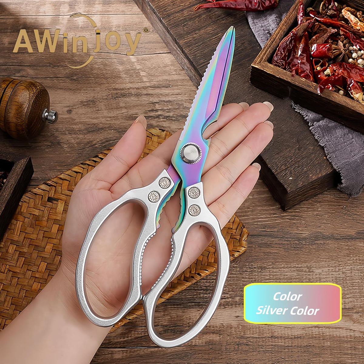 Heavy Duty Sharp Kitchen Scissors, Dishwasher Safe, Cooking Shears for Meat, Chicken, Fish, Poultry, Herb, Bread (Silver Color)
