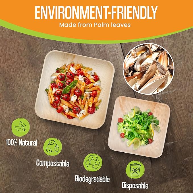 Raj Palm Leaf Plates Bulk [50-Pack] 10" & 7" Square Plates (5 CASES - 250 PACK) like Bamboo plates Disposable, Strong, Decorative Compostable Tableware for weddings, Lunch, Dinners