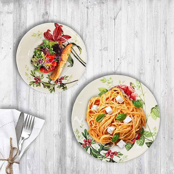 Tudor Royal 12-Piece Round Porcelain Dinnerware Set, Service for 6, Rosemary,Summer Flowers, Plates Bowls Dishes, Glossy, Premium Quality Dish Set, Unique Pattern