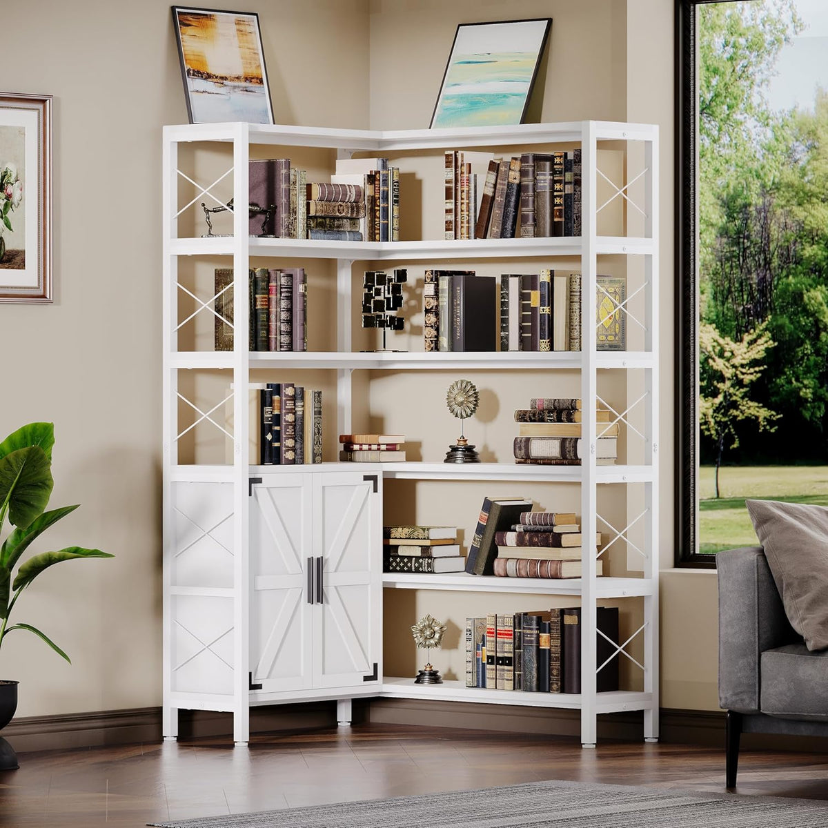 Corner Bookshelves 6 Tier, Farmhouse Wooden Bookcases for Corner, L Shaped Etagere Bookshelf with Storage for Living Room Home Office