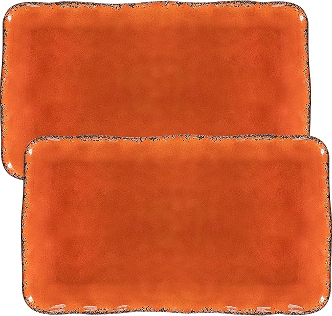Vintage Melamine 17" x 10" Serving Platters for Serving Food, Set of 2, 100% Melamine Large Rectangle Serving Trays Sets for Fruit, Appetizer, Dessert, Home and Party Use. Orange