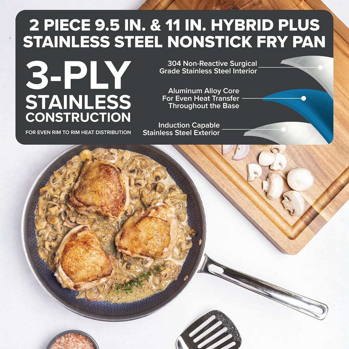 Viking 3-Ply Non Stick Frying Pans, 2-Piece Hybrid Plus Stainless Steel, 9.5 and 11 Inch, Silver