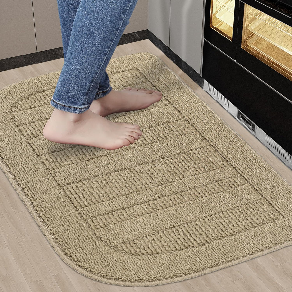 BEQHAUSE 30x18 Inch Kitchen Rug Mat Durable Kitchen Rugs Non-Slip Washable Absorbent Kitchen Mats for Floor Dirt-Resistant Semicircular Kitchen Mat (Beige)