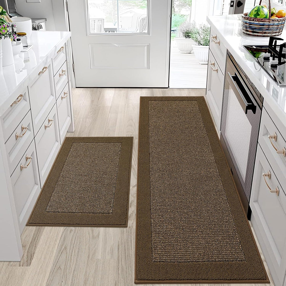 BEQHAUSE Kitchen Rugs and Mats Set of 2 Non-Slip Kitchen Mats for Floor, Absorbent and Stain Resistant Kitchen Runner, Machine Washable Rugs for Kitchen, Laundry & Sink, 24"x36"+24"x60", Brown