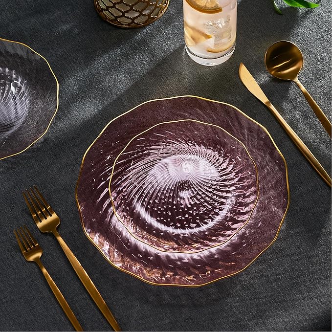 PLASTICPRO 30 Pack Plastic Plates Set of 15-10 inch Plate and 15-7 inch Plates, Elegant Clear Pink Spiral and Gold Rim Disposable Fancy Plate Premium Heavyweight