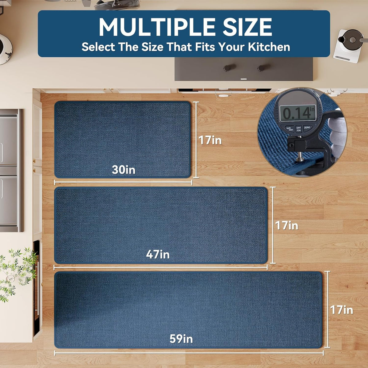 Kitchen Mats for Floor, Super Absorbent Kitchen Rugs Non Slip Washable, Soft Imitation Linen Braided Kitchen Runner Rug, Standing Mat Sink Mat, Easy to Clean, Blue 17x59