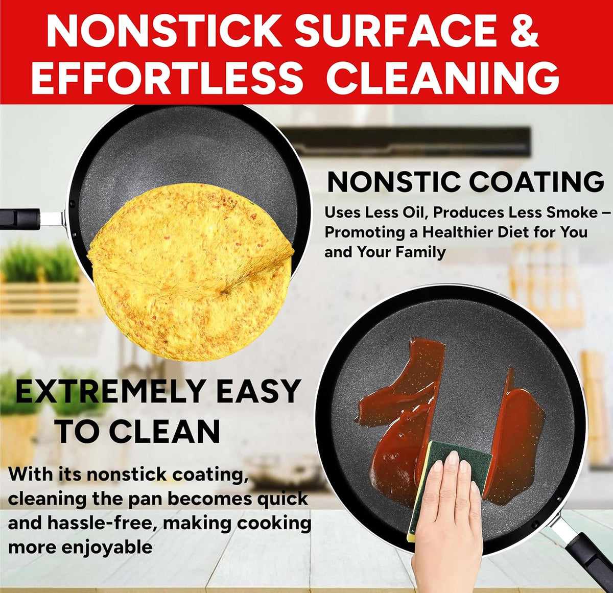 Aluminum Nonstick Crepe Pan, 12” Non Stick Skillet Pan for Egg Omelet Tortilla Tawa Dosa, Flat Frying Pan, Induction Compatible PFOA & PTFEs Free, Suitable for Gas Stovetop and Induction Base Cookware