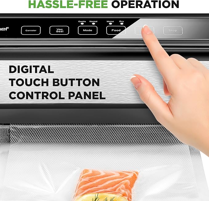 NutriChef Food Vacuum Sealer Machine, Stainless Steel & ABS Body, Automatic Sealing System for Dry and Moist Foods, LED Touch Controls, Includes Bags, Hose & Roll Cutter, 110W Suction Power, 14"x6"