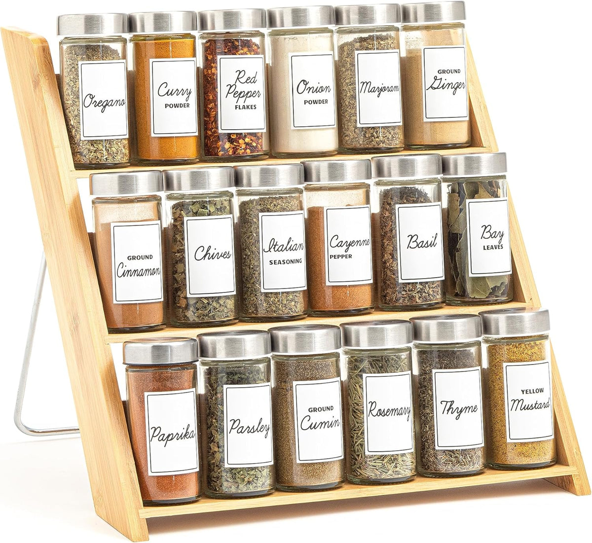 Orii 18 Jar Bamboo Compact Spice Organizer for Countertop and Kitchen Drawer, Filled with Spices, Program