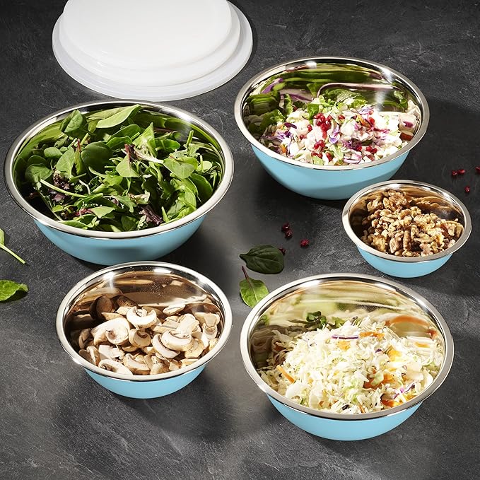 WHYSKO Stainless Steel Mixing Bowl Set, 10 Piece Stainless Steel Mixing Bowls with Lids Set for Food Prep Storage and Serving, Dishwasher Safe for Kitchen Baking Cooking, Light Blue