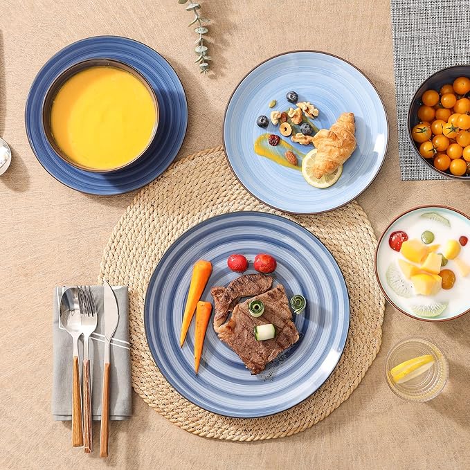 Selamica Ceramic 16-Pieces Dinnerware Set, Ceramic Dishes Set for 4, Kitchen Plates and Bowls Sets, Dinner Plates Set, Spray Black Dots, Gradient Blue