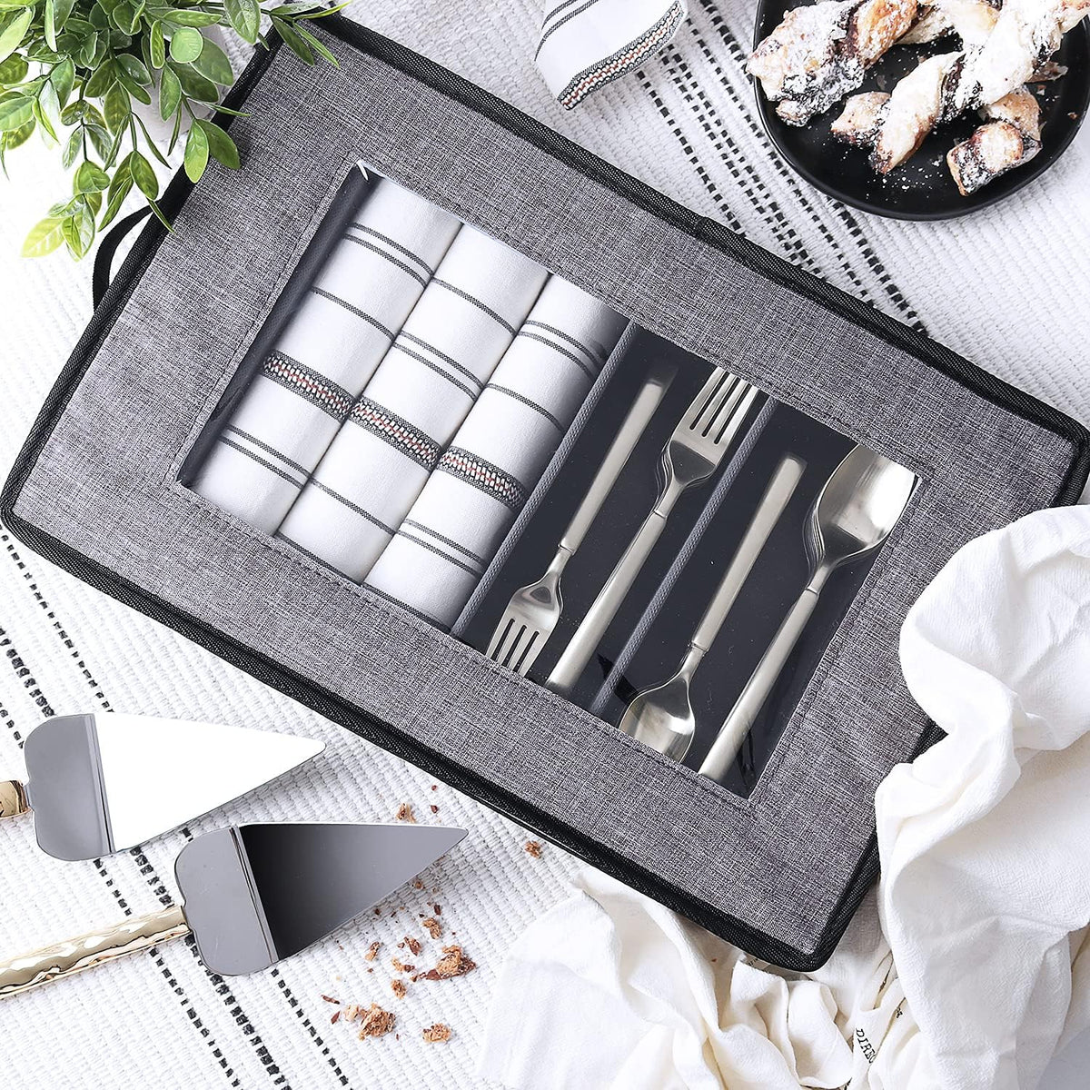 Flatware & Utensil Storage, Durable Silverware Storage Box with Padded Dividers, 5 Compartment Flatware Storage Case, Silverware Case with Handles and Removable Lid - Protects and Organizes Cutlery