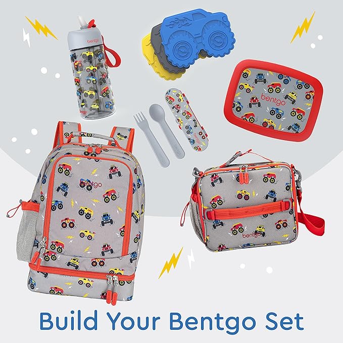 Bentgo Kids 2-in-1 Backpack & Insulated Lunch Bag - Durable 16” Backpack & Lunch Container in Unique Prints for School & Travel - Water Resistant, Padded & Large Compartments (Trucks)